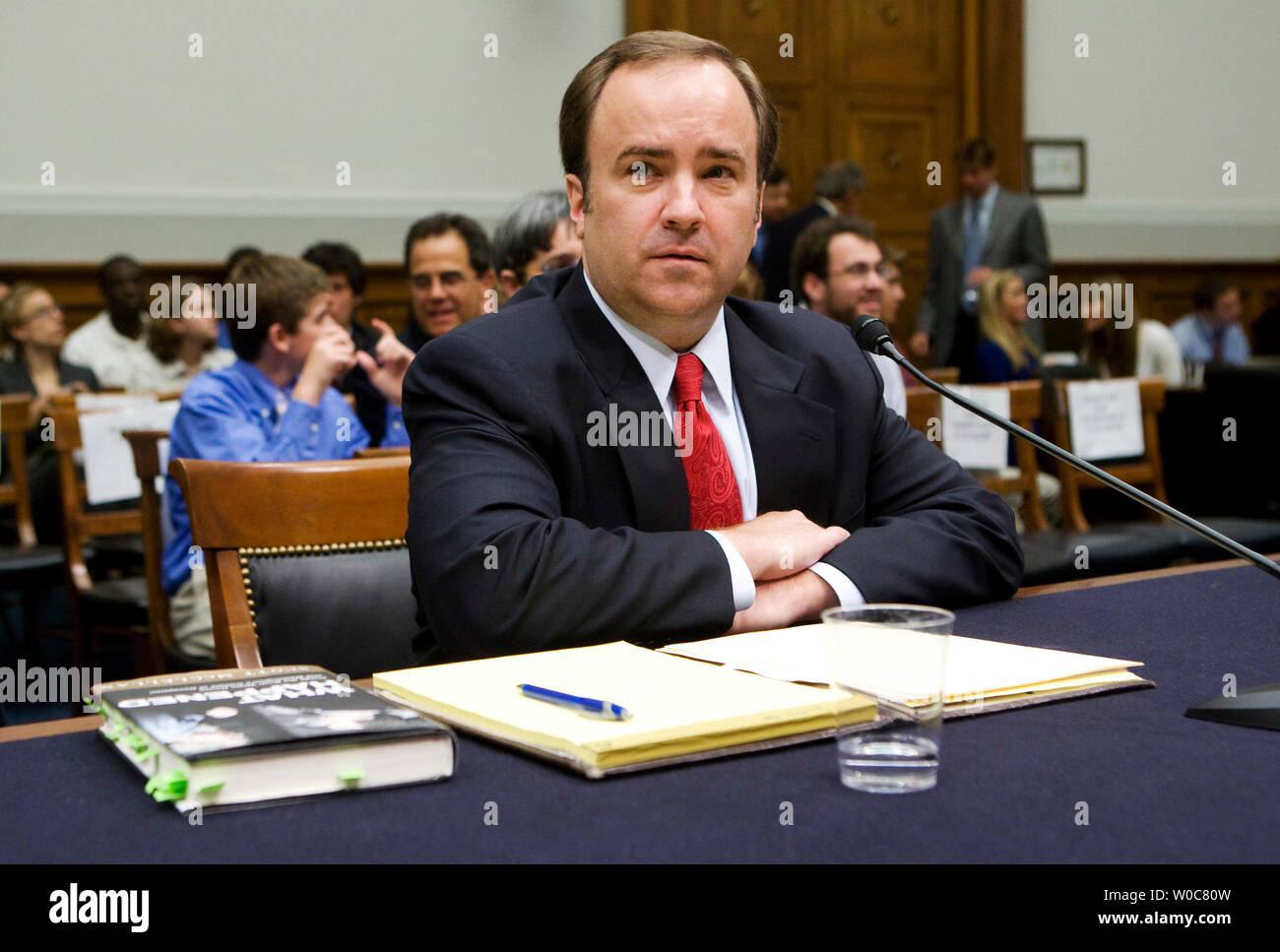 Former White House Press Secretary Scott McClellan testifies during a House Judiciary Committee hearing on revelations brought forth in his book 'What Happened: Inside the Bush White House and Washington's Culture of Deception' and specifically focusing on reported attempts to cover up the involvement of White House officials in the leak of the covert identity of CIA officer Valerie Plame Wilson on Capitol Hill in Washington on June 20, 2008. (UPI Photo/Patrick D. McDermott) Stock Photo