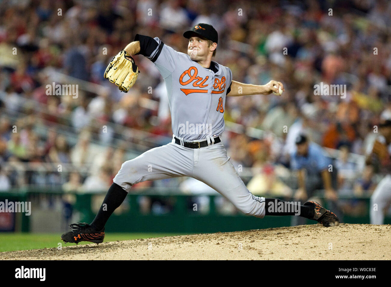Baltimore Orioles starting pitcher Garrett Olson (18) pitches during the bottom of the 5th inning against the Washington Nationals at Nationals Park in Washington on June 28, 2008. (UPI Photo/Patrick D. McDermott) Stock Photo