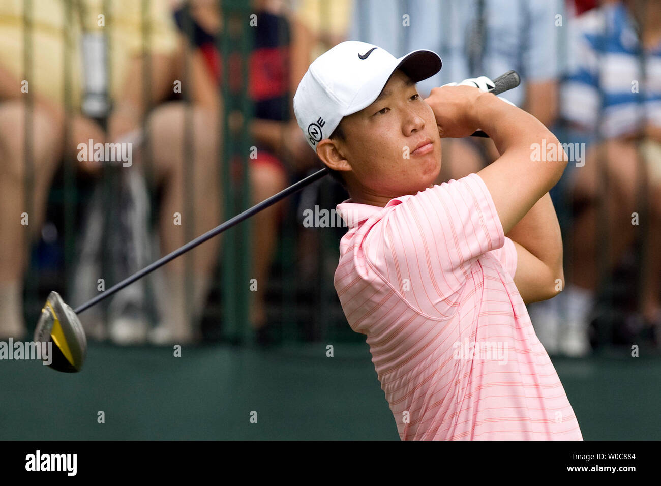 Anthony Kim watches his drive off the 1st tee box during the final round at the AT&T National hosted by Tiger Woods at the Congressional Country Club in Potomac, Maryland  on July 6, 2008. (UPI Photo/Patrick D. McDermott) Stock Photo