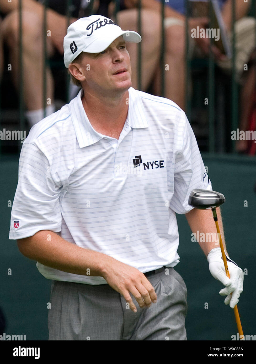 Steve Stricker watches his drive off the 1st tee box during the final round at the AT&T National hosted by Tiger Woods at the Congressional Country Club in Potomac, Maryland  on July 6, 2008. (UPI Photo/Patrick D. McDermott) Stock Photo