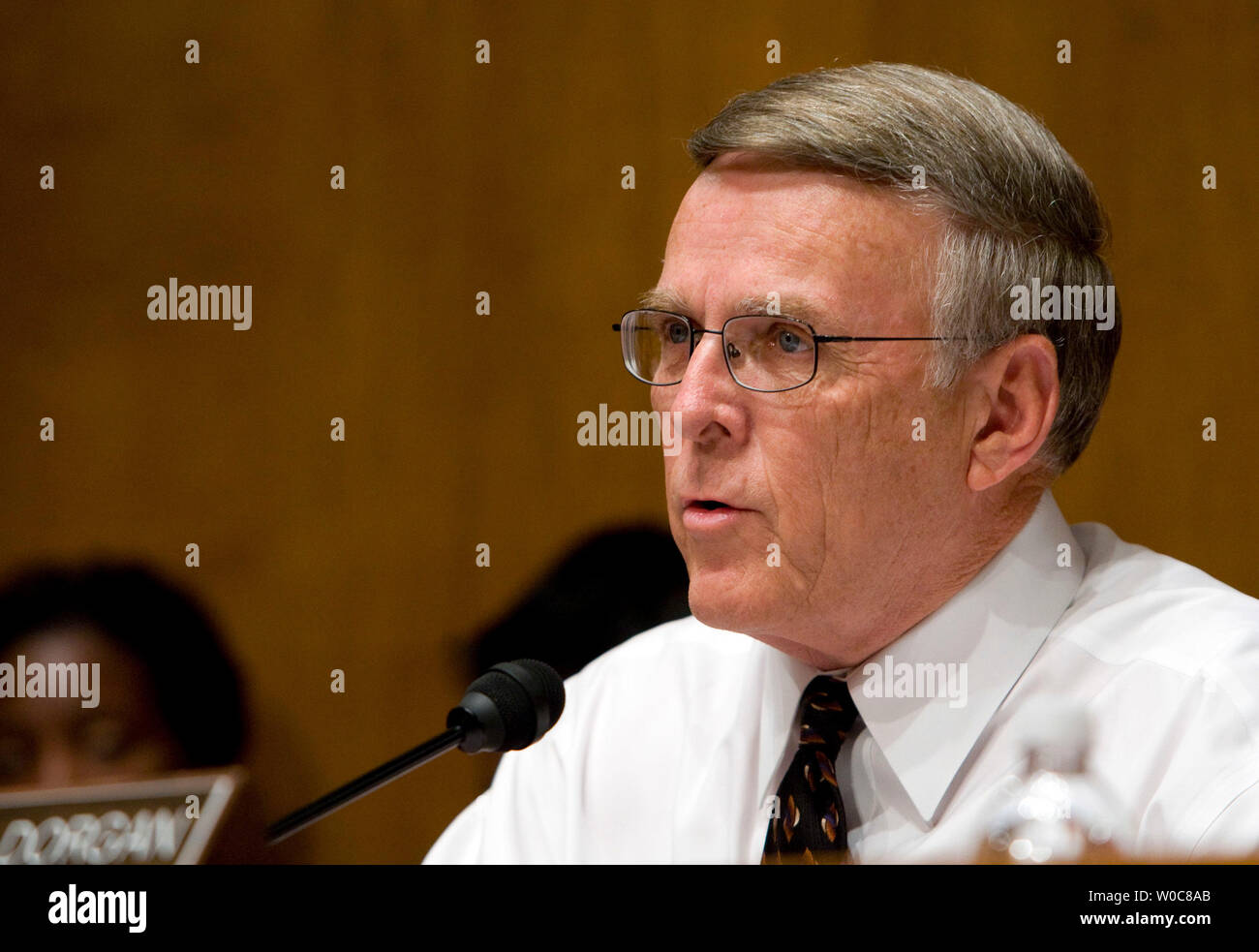 Sen. Byron Dorgan, D-ND, speaks during a Senate Democratic Policy Committee hearing on 'contractor misconduct and the electrocution deaths of American soldiers in Iraq' on Capitol Hill in Washington on July 11, 2008. (UPI Photo/Patrick D. McDermott) Stock Photo