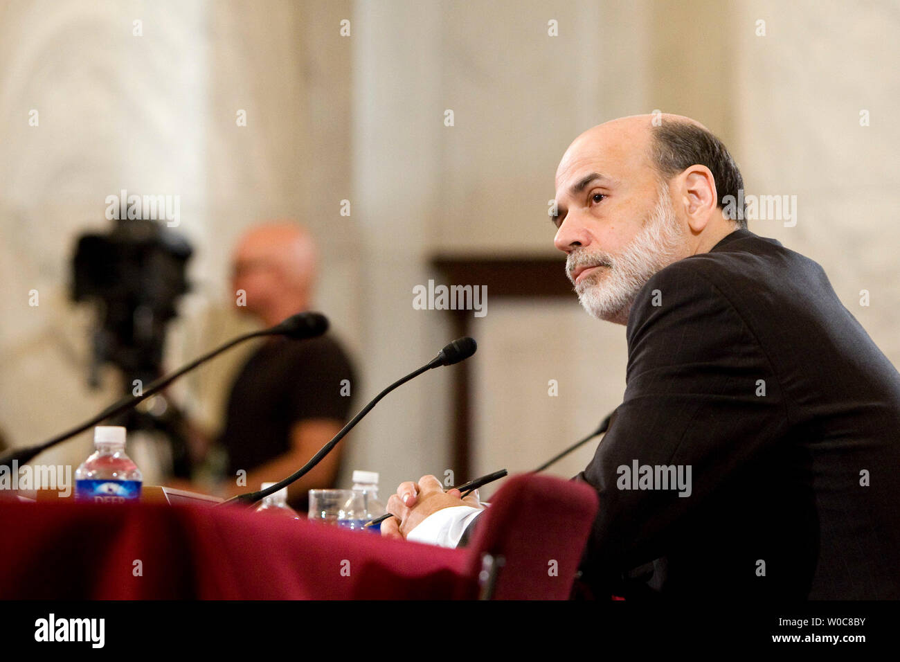 Federal Reserve Board Chairman Ben Bernanke testifies during a Senate Banking, Housing and Urban Affairs Committee hearing on the Federal Reserve's semiannual monetary policy report to Congress on Capitol Hill in Washington on July 15, 2008. (UPI Photo/Patrick D. McDermott) Stock Photo