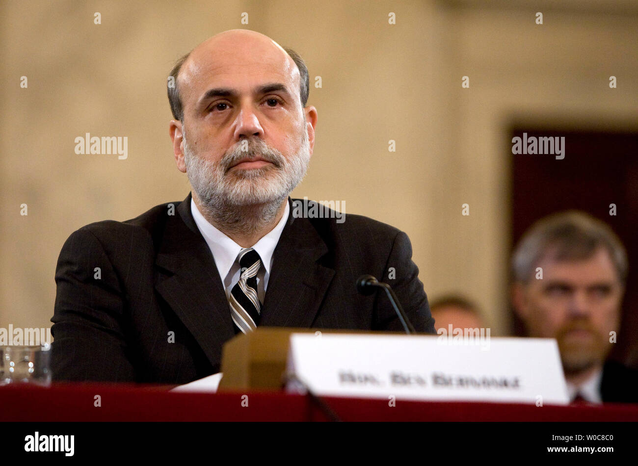 Federal Reserve Board Chairman Ben Bernanke testifies during a Senate Banking, Housing and Urban Affairs Committee hearing on the Federal Reserve's semiannual monetary policy report to Congress on Capitol Hill in Washington on July 15, 2008. (UPI Photo/Patrick D. McDermott) Stock Photo