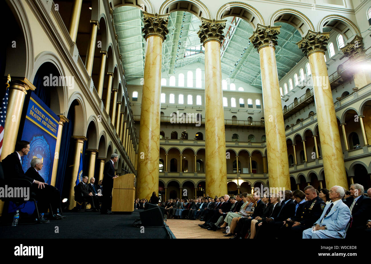 Federal Bureau of Investigation Director Robert Mueller III speaks during an event at the National Building Museum to commemorate the Federal Bureau of Investigation's 100th Anniversary in Washington on July 17, 2008. (UPI Photo/Patrick D. McDermott) Stock Photo