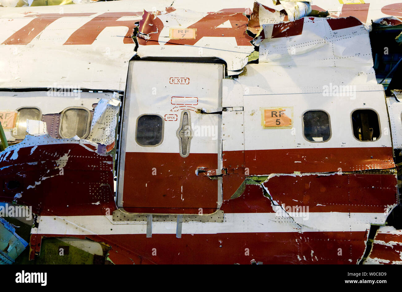 The recovered wreckage of TWA Flight 800 stands reassembled at the National Transportation Safety Board Training Academy where it is used for training new investigators in Ashburn, Virginia on July 16, 2008. The Boeing 747 crashed into the Atlantic after passing over Long Island Sound and Long Island, New York in 1996, after a flammable mixture of fuel and oxygenated air caused a catastrophic explosion. The Department of Transportation announced that almost all U.S. commercial airliners will be required to install a new air separator to help prevent oxygen from entering an aircrafts' fuel tank Stock Photo
