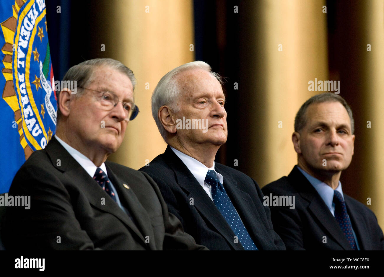Former Federal Bureau of Investigation Directors (L to R) William S. Sessions, William H. Webster, and Louis Freeh attend an event at the National Building Museum to commemorate the Federal Bureau of Investigation's 100th Anniversary in Washington on July 17, 2008. (UPI Photo/Patrick D. McDermott) Stock Photo