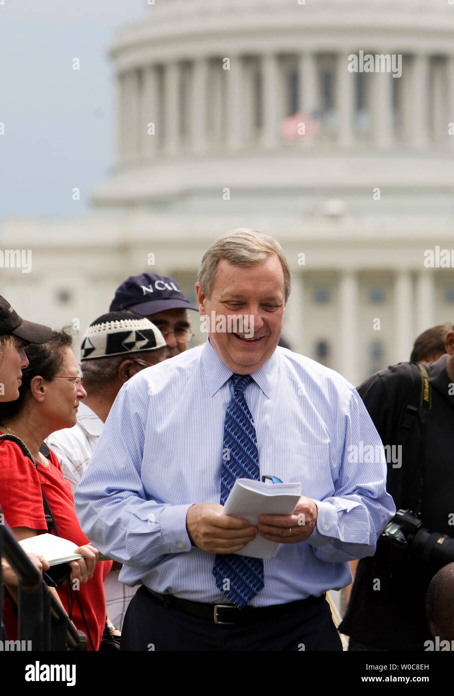 Sen. Dick Durbin, D-IL, arrives to speak during a Disability Rights Advocates March and Rally at the Capitol Reflecting Pool on the 18th anniversary of the original passage of the Americans with Disabilities Act of 1990 on July 22, 2008 on in Washington. (UPI Photo/Patrick D. McDermott) Stock Photo