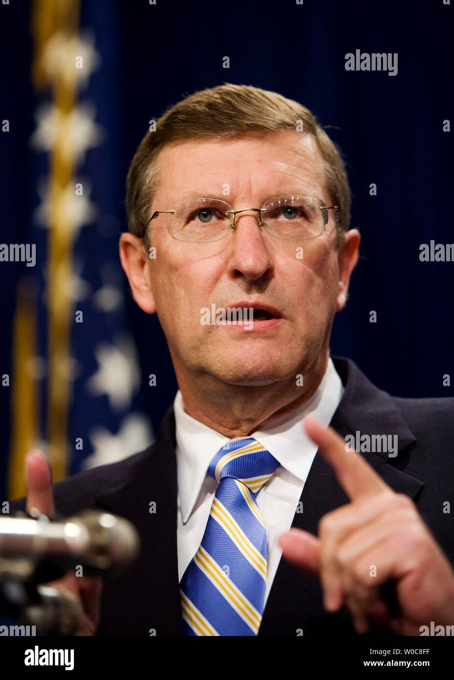 Senate Budget Chairman Kent Conrad, D-ND speaks during a news conference on the new deficit projections in the Office of Management and Budget's fiscal year 2009 mid-year review on Capitol Hill in Washington on July 28, 2008. The federal deficit is projected to be $482 billion for 2009. (UPI Photo/Patrick D. McDermott) Stock Photo