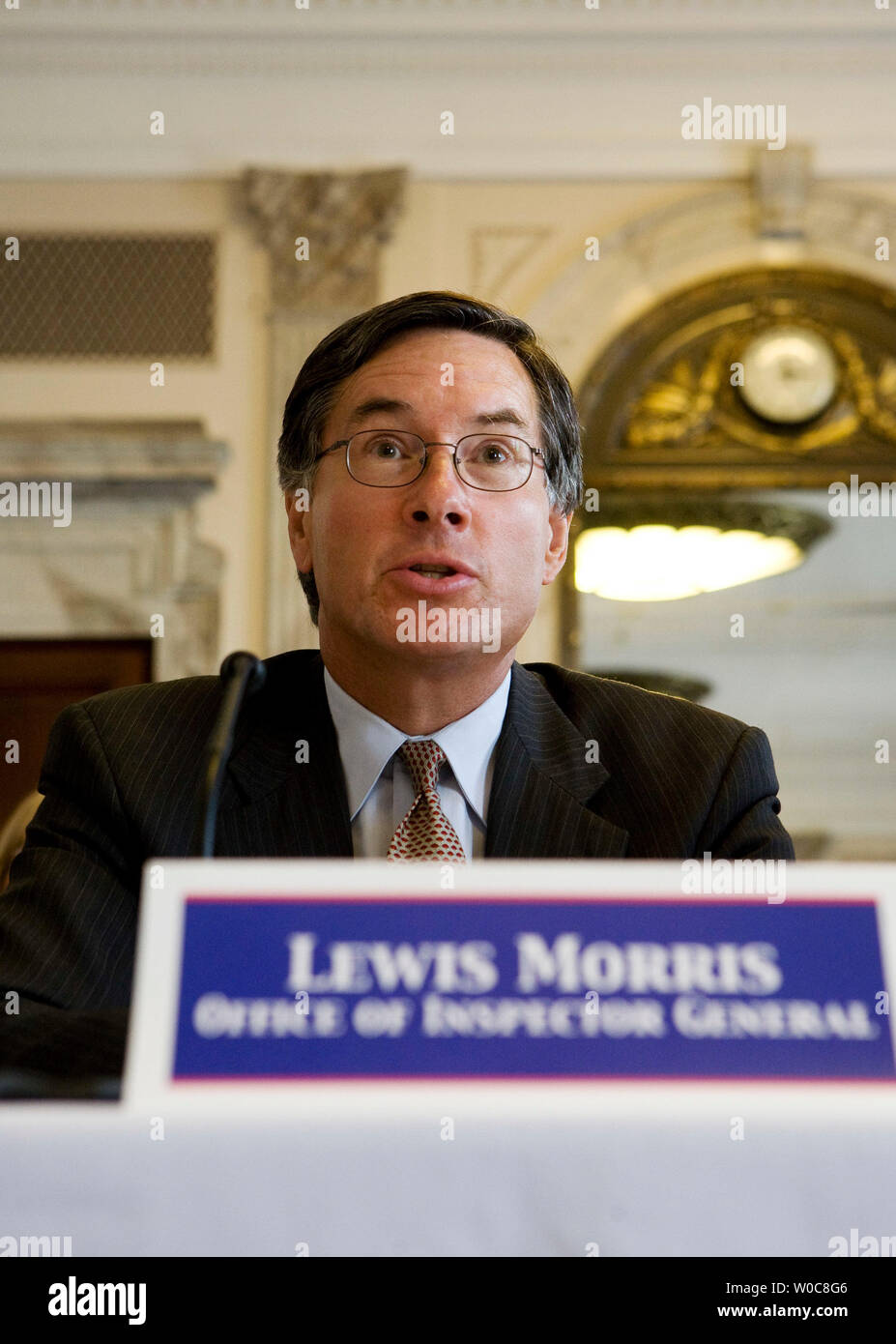 Lewis Morris, chief counsel in the Office of Inspector General, U.S. Department of Health and Human Services, testifies during a forum on Medicare fraud on Capitol Hill in Washington on July 28, 2008. Medicare fraud is estimated to cost taxpayers as much as $80 billion a year. (UPI Photo/Patrick D. McDermott) Stock Photo