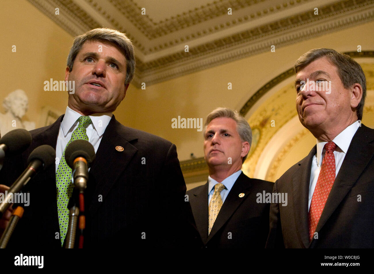 Rep. Kevin McCarthy, R-CA, (C) and House Minority Whip Roy Blunt, R-MO, (R) look on as Rep. Michael McCaul, R-TX, (L) speaks during a news conference on Capitol Hill in Washington on August 7, 2008.  The House Republicans are calling on Speaker Nancy Pelosi, D-CA, to reconvene the chamber and vote on the American Energy Act, a Republican bill designed to address America's dependence on foreign oil.  (UPI Photo/Patrick D. McDermott) Stock Photo