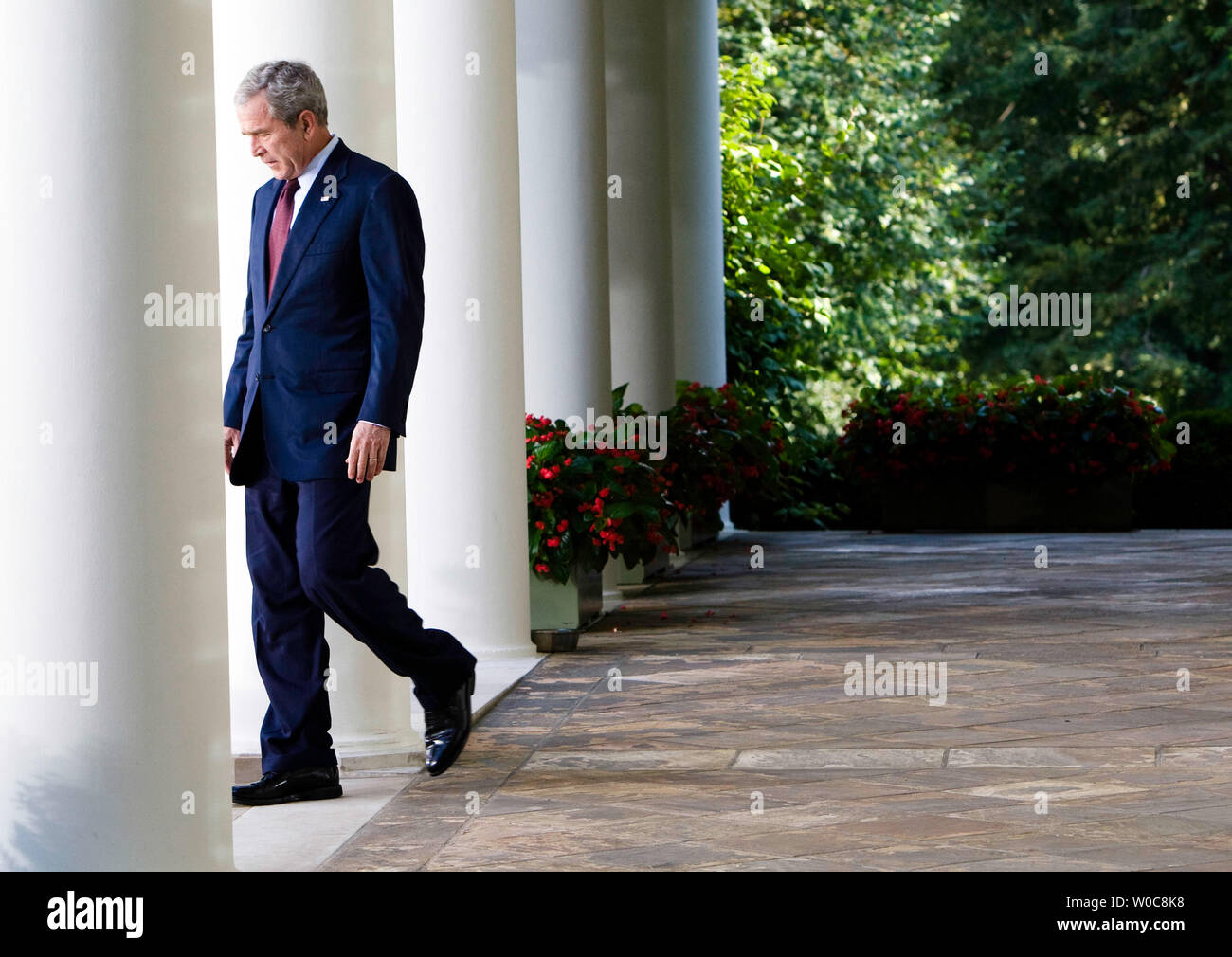 U.S. President George W. Bush walks through the Colonnade to the Rose Garden to deliver remarks on the conflict between Georgia and Russia at the White House in Washington on August 11, 2008. Bush condemned the bombings by Russia in an escalation of the conflict over the South Ossetian region of Georgia. (UPI Photo/Patrick D. McDermott) Stock Photo