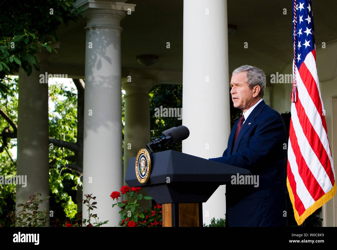 US President George W. Bush delivers remarks on the conflict between Georgia and Russia from the Rose Garden at the White House in Washington on August 11, 2008. Bush condemned the bombings by Russia in an escalation of the conflict over the South Ossetian region of Georgia. (UPI Photo/Patrick D. McDermott) Stock Photo