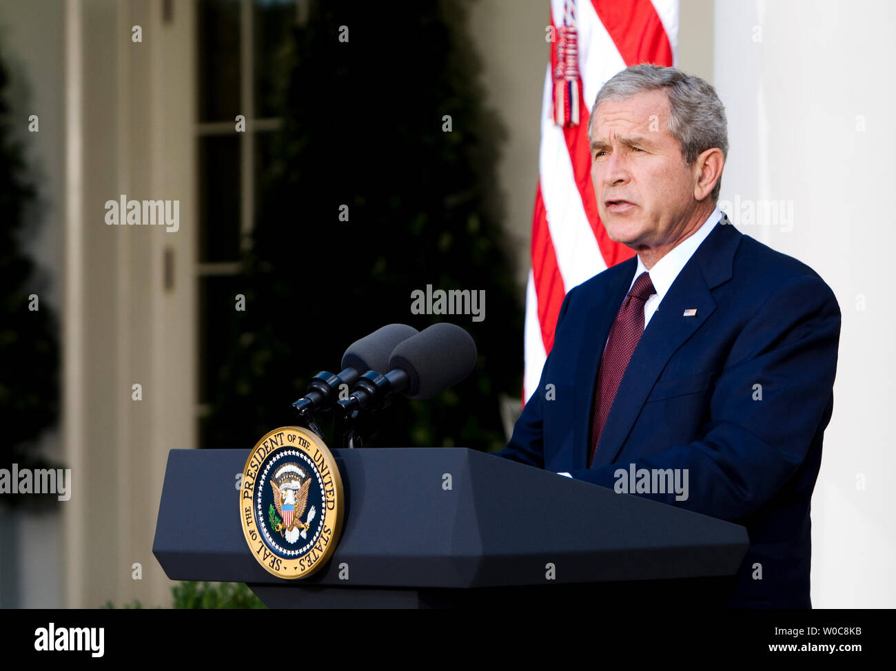 U.S. President George W. Bush delivers remarks on the conflict between Georgia and Russia from the Rose Garden at the White House in Washington on August 11, 2008. Bush condemned the bombings by Russia in an escalation of the conflict over the South Ossetian region of Georgia. (UPI Photo/Patrick D. McDermott) Stock Photo