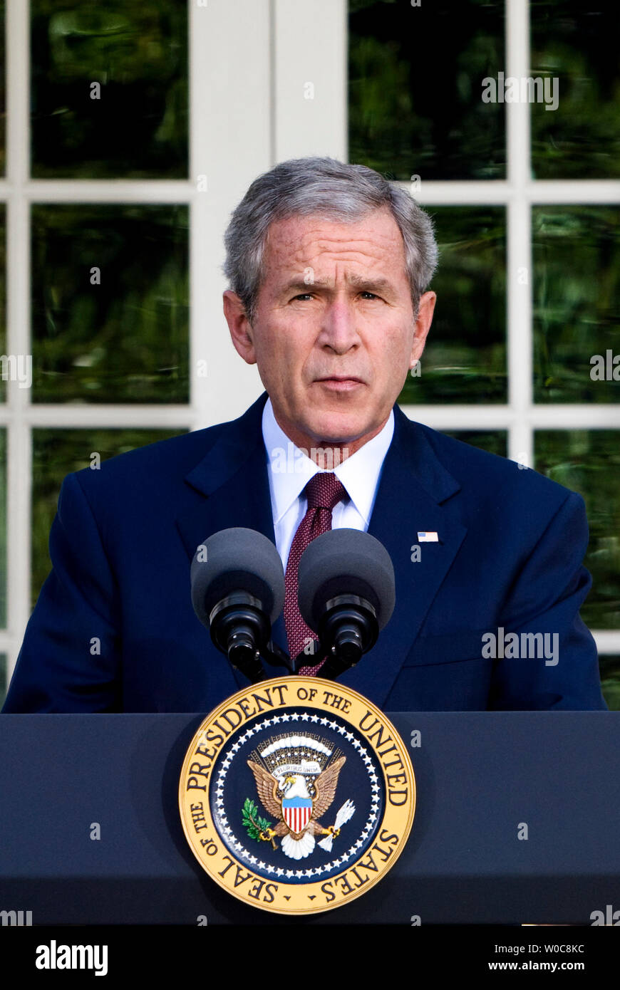 US President George W. Bush delivers remarks on the conflict between Georgia and Russia from the Rose Garden at the White House in Washington on August 11, 2008. Bush condemned the bombings by Russia in an escalation of the conflict over the South Ossetian region of Georgia. (UPI Photo/Patrick D. McDermott) Stock Photo