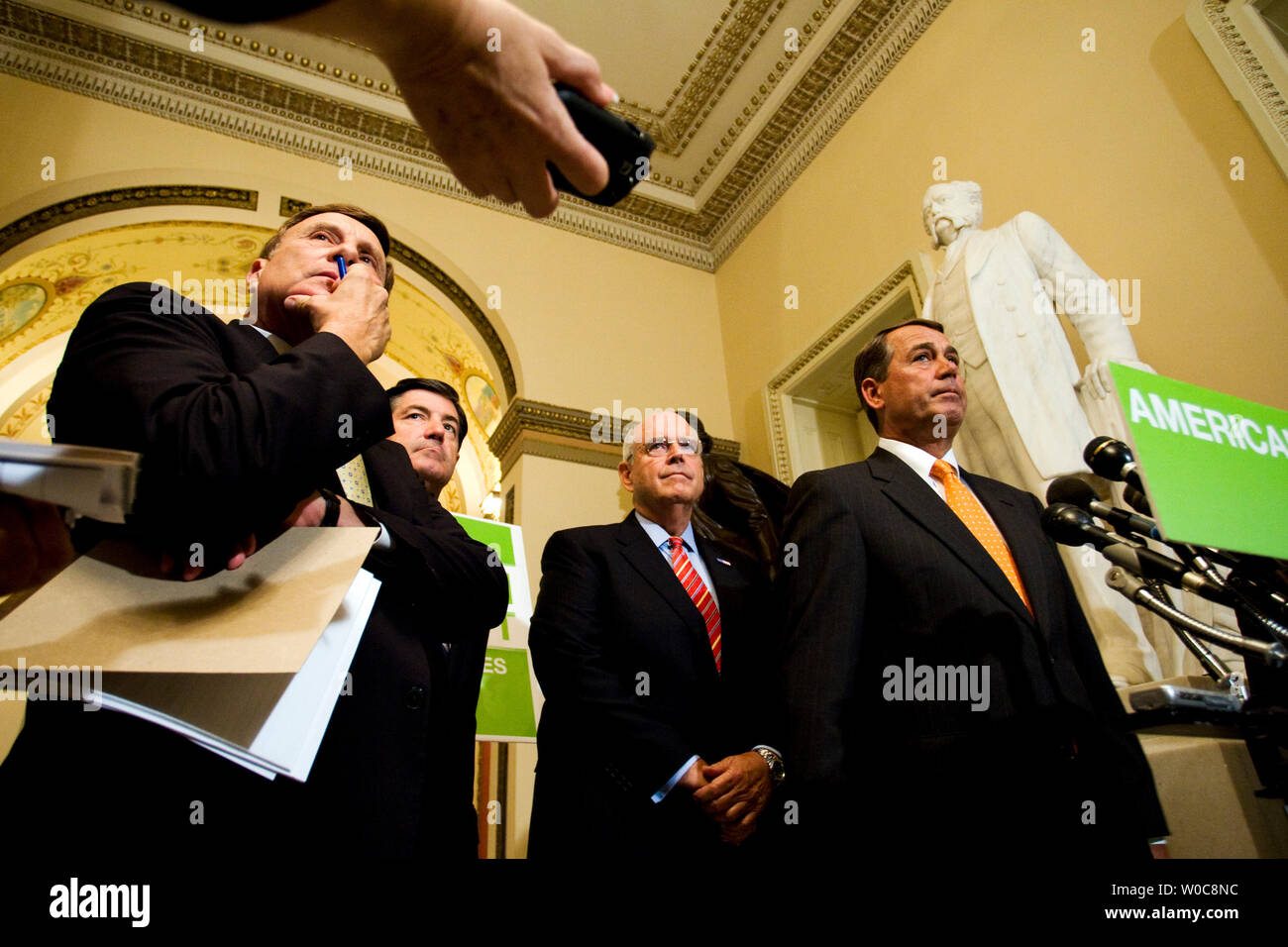 House Minority Leader John Boehner (R-OH) speaks during a news conference on Capitol Hill in Washington on August 20, 2008. The House Republicans are calling on Speaker Nancy Pelosi, D-CA, to reconvene the chamber and vote on the American Energy Act, a Republican bill designed to address America's dependence on foreign oil. This is the third week of Republican protest against the House recessing without dealing with high gas prices. (UPI Photo/Patrick D. McDermott) Stock Photo