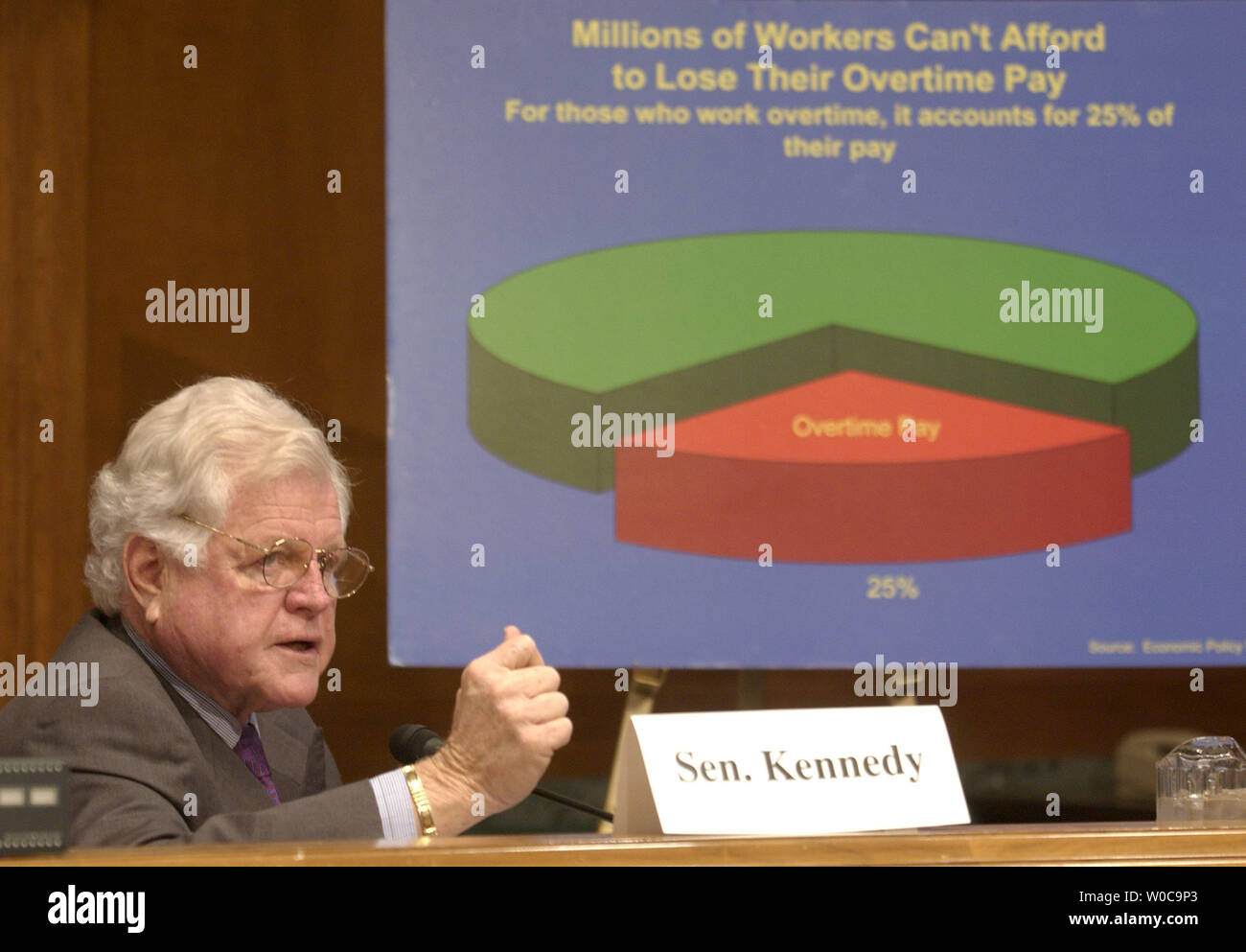 Senator Ted Kennedy, D-Mass, gives his opening remarks during a democratic policy hearing on the Labor Department's attempt to change over time pay policies in America, on December 11, 2003 in Washington. Stock Photo