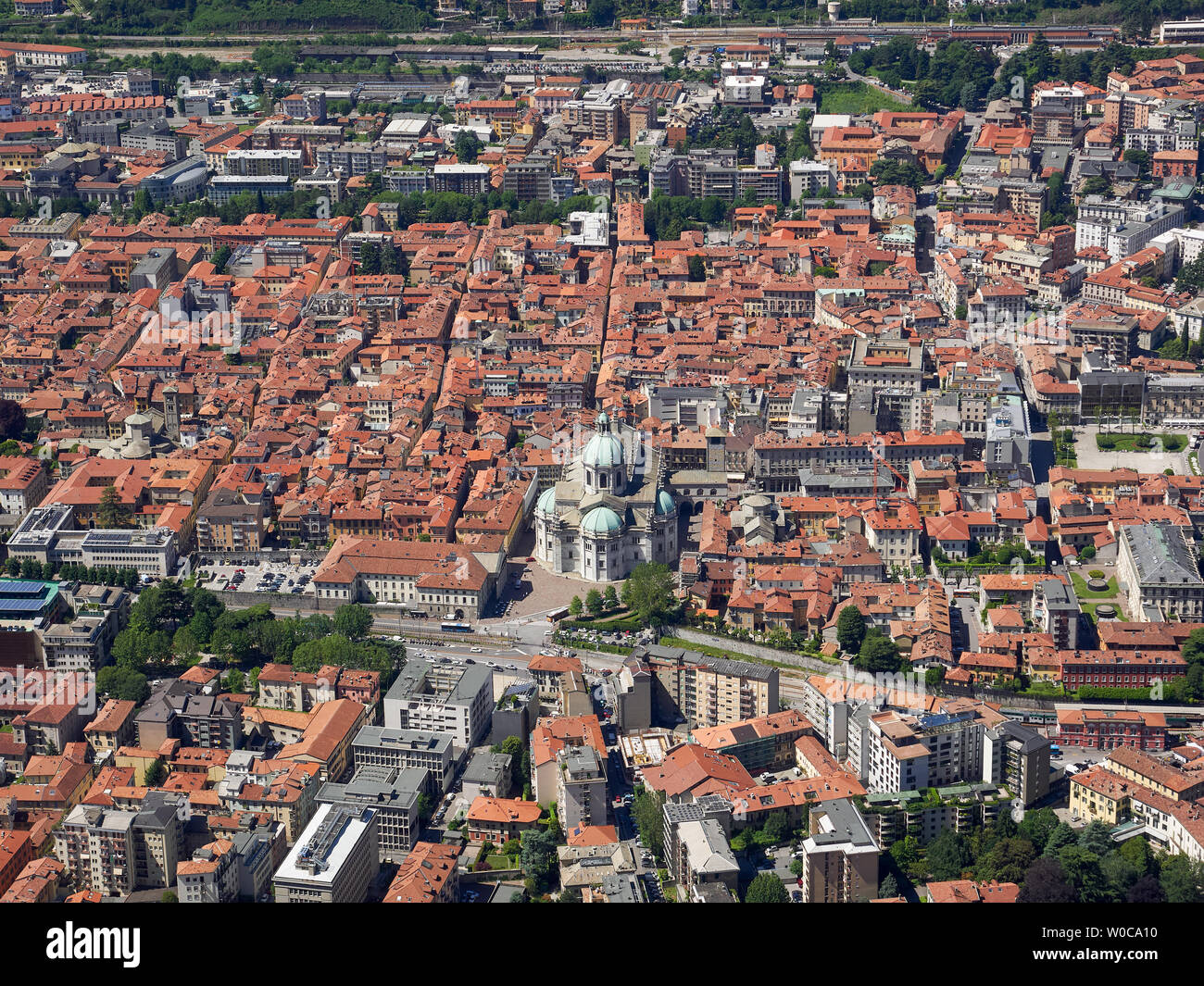 The small town of Como, Lombardy, Italy, as seen from the scenic point in Brunate Stock Photo