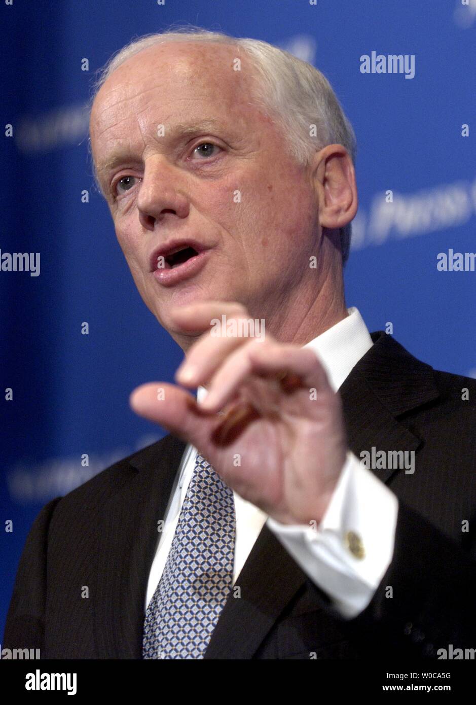 Former Governor Frank Keating, who is now the President and CEO of the American Council of the Life Insurers speaks at the National Press Club on January 20, 2004 in Washington.  Keating discussed the impending problems of America's baby boomers who are not saving enough, and the ramifications that will have on the country. (UPI Photo/Michael Kleinfeld) Stock Photo