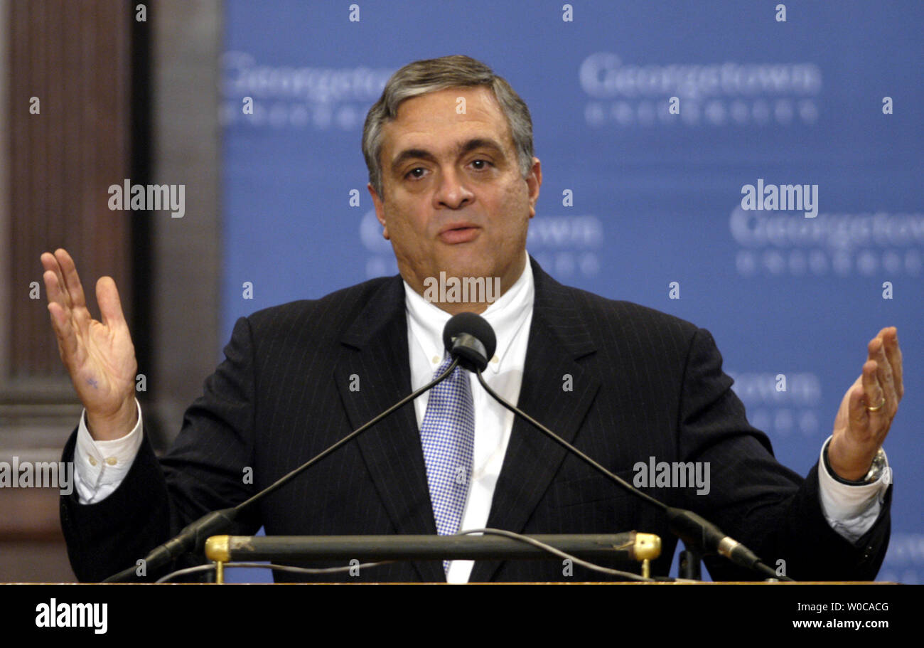 George Tenet, Director of the Central Intelligence Agency discusses the lapses in prewar intelligence on weapons of mass destruction in Iraq, on February 5, 2004 at the Georgetown University in Washington.  Tenet said that mistakes were made but that over all the CIA does a very good job in analyzing intelligence and that it's record world wide is one of success.     (UPI Photo/Michael Kleinfeld) Stock Photo