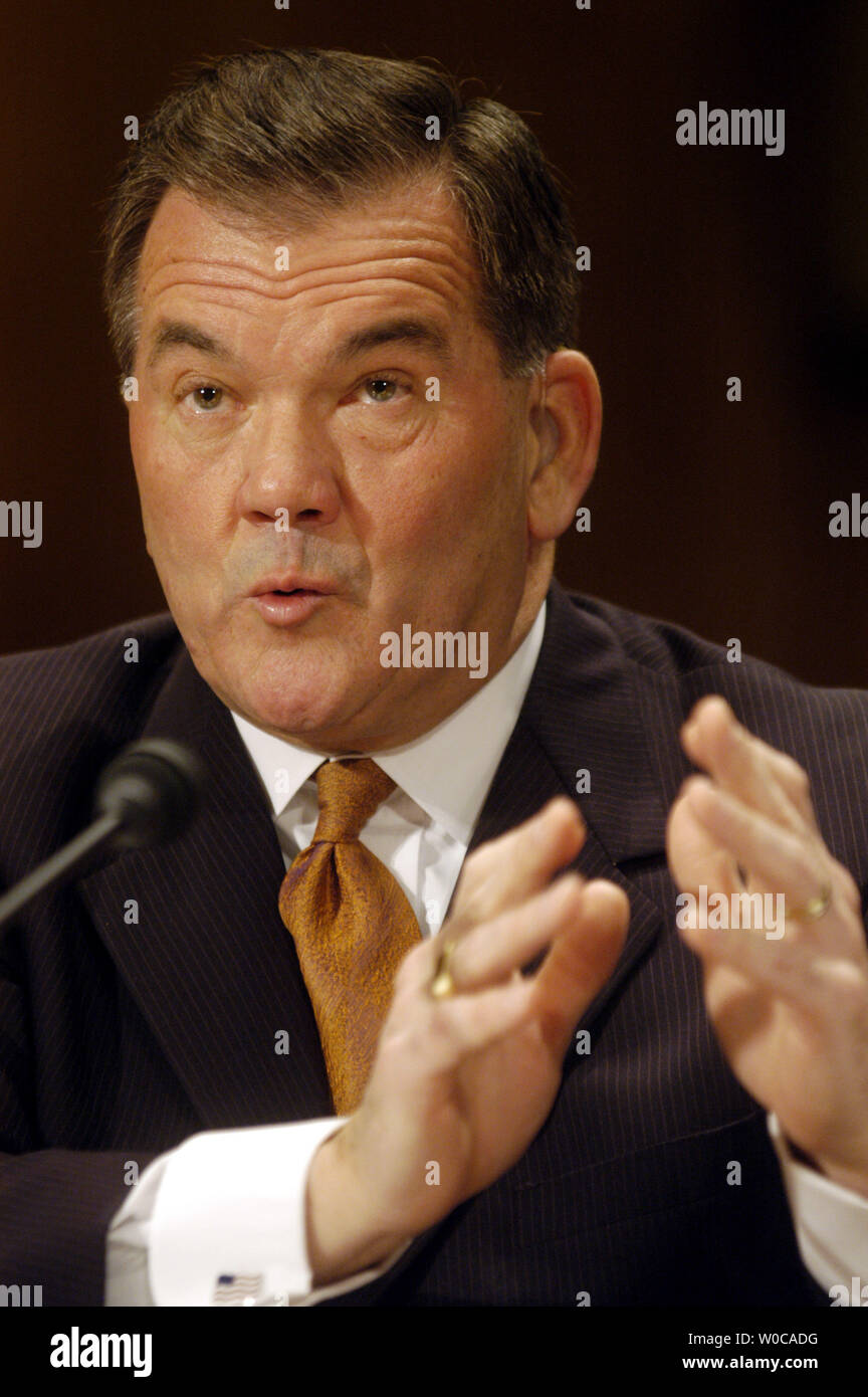 Secretary of Homeland Security Tom Ridge testifies before the Senate Governmental Affairs Committee regarding the FY2005 Homeland Security Budget, on February 9, 2004 in Washington.  Ridge discussed the progress the department has had since it's inception, and admits there is still a lot of work to do. (UPI Photo/Michael Kleinfeld) Stock Photo