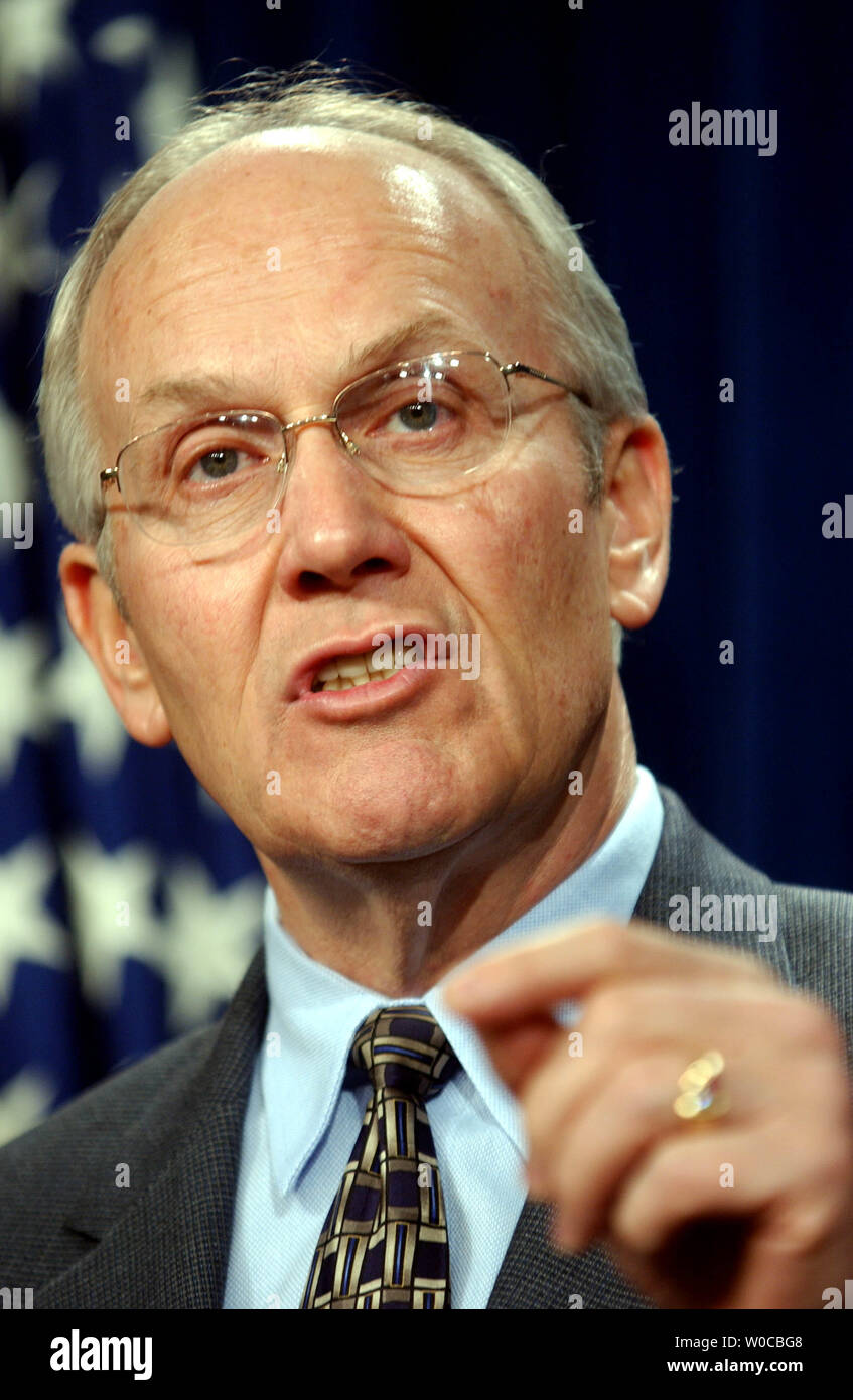 Larry Craig, R-ID, speaks to members of the press at a news conference on OPEC's cutting back on oil production, the rising prices of gas and a pending energy bill, on April 1, 2004 in Washington. (UPI Photo/Michael Kleinfeld) Stock Photo
