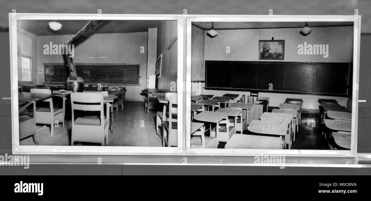 A classroom at Robert Russa Moton High School, left, and one at