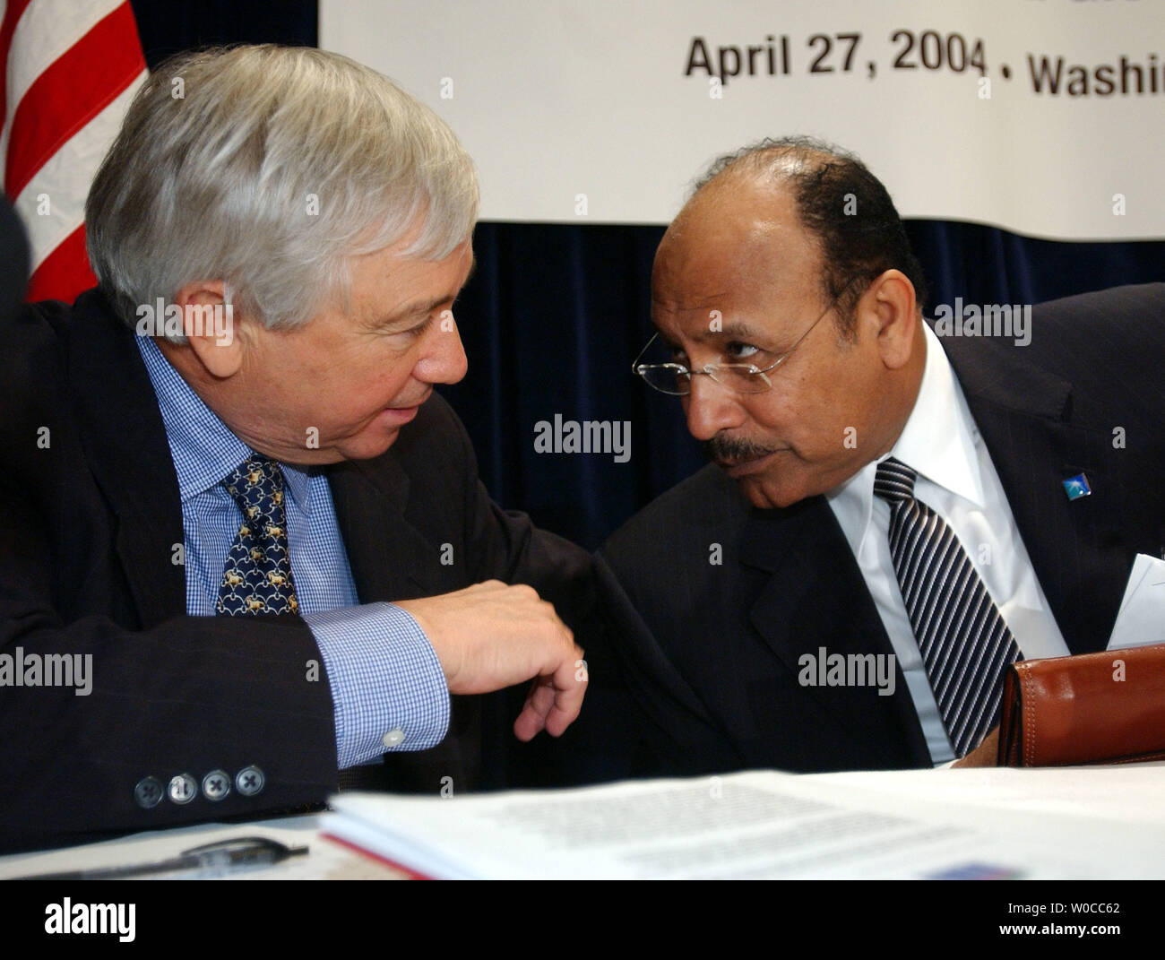 Abdallah Jum'ah, CEO of Saudi Aramco speaks with Guy Caruso, Administrator of the Energy Information Administration, right, during a conference on the United States and Saudi Arabia relationship and their interests in energy security, on April 27, 2004 in Washington.  The conference was sponsored by CSIS and dealt with oil reserves, production, prices and security. (UPI Photo/Michael Kleinfeld) Stock Photo