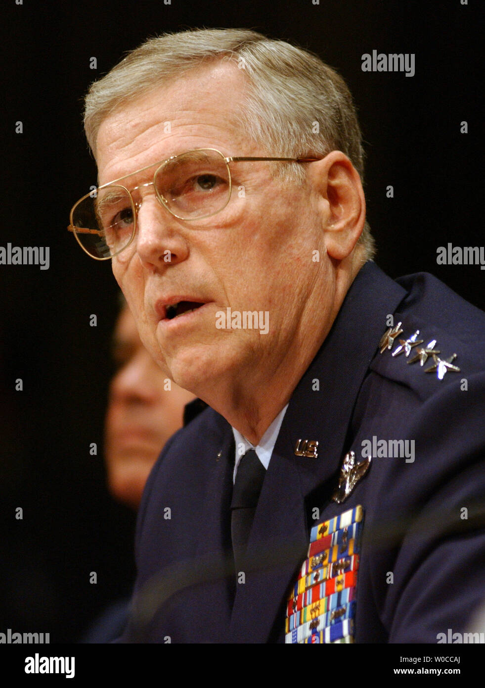 Chairman of the Joint Chiefs of Staff Richard B. Myers testifies about Iraqi prisoner abuse before the Senate Armed Services Committee on Capitol Hill in Washington on May 7, 2004.       (UPI Photo/Rick Steele) Stock Photo