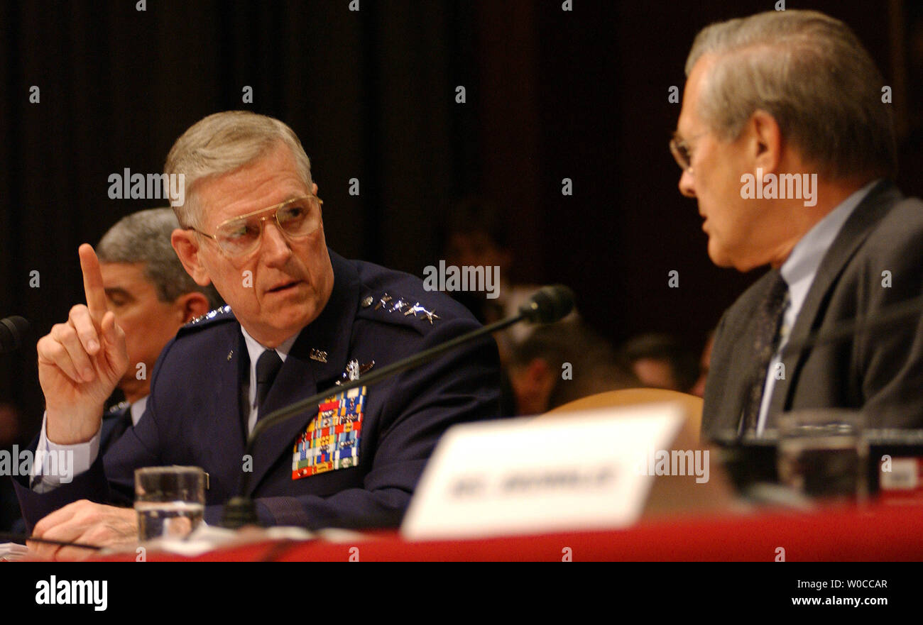 Chairman of the Joint Chiefs of Staff Richard B. Myers, left, and Secretary of Defense Donald Rumsfeld testify about Iraqi prisoner abuse before the Senate Armed Services Committee on Capitol Hill in Washington on May 7, 2004.       (UPI Photo/Rick Steele) Stock Photo
