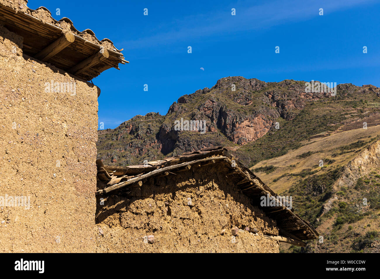 Detail of house built with adobe mud blocks, Pisac, Sacred Valley, Peru
