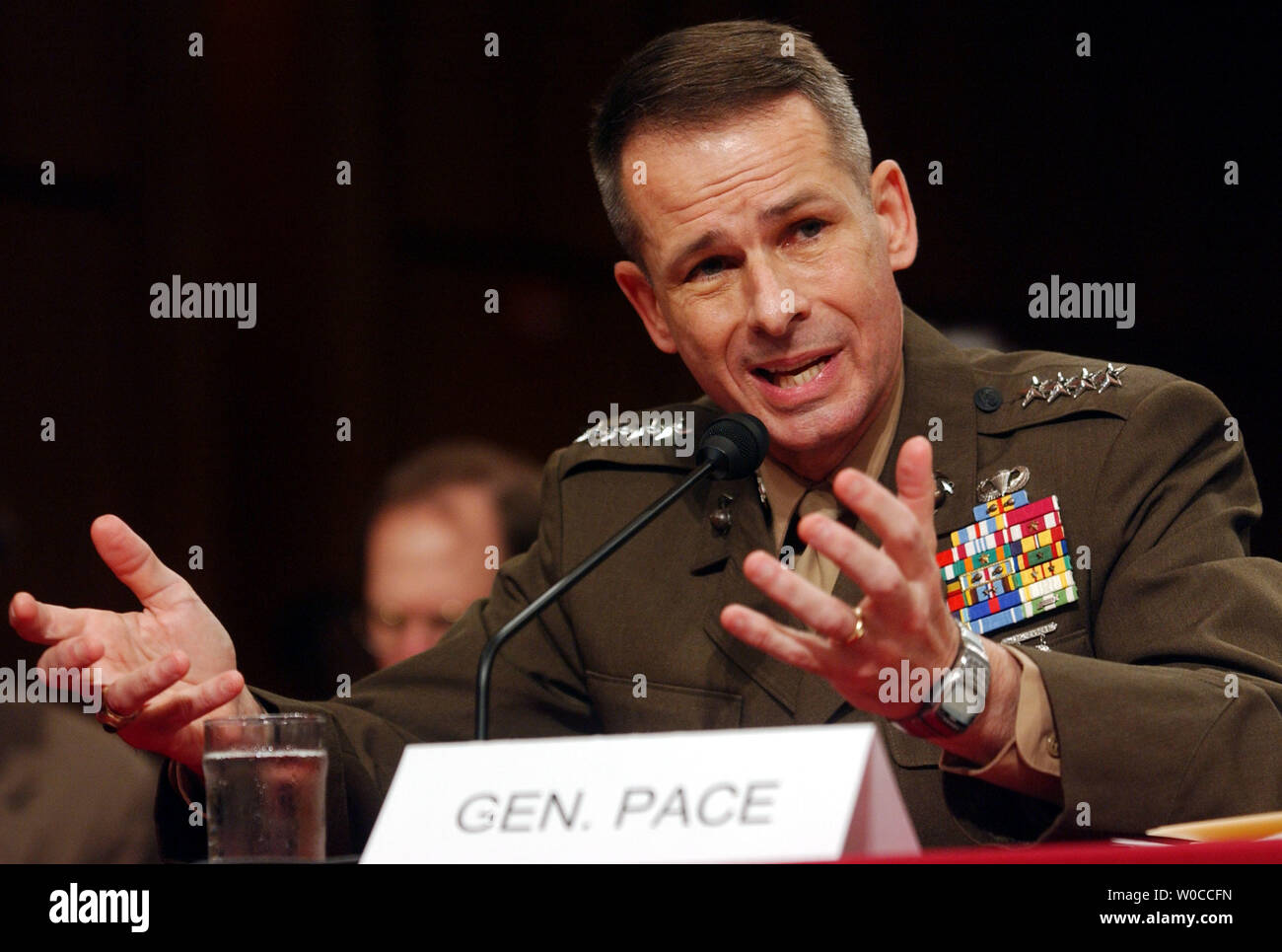 General Peter Pace testifies before the Senate Armed Service Committee on May 13, 2004 in Washington.  Pace and Deputy Secretary Wolfowitz are asking Congress for an additional $25 billion for the war in Iraq and Afghanistan. (UPI Photo/Michael Kleinfeld) Stock Photo