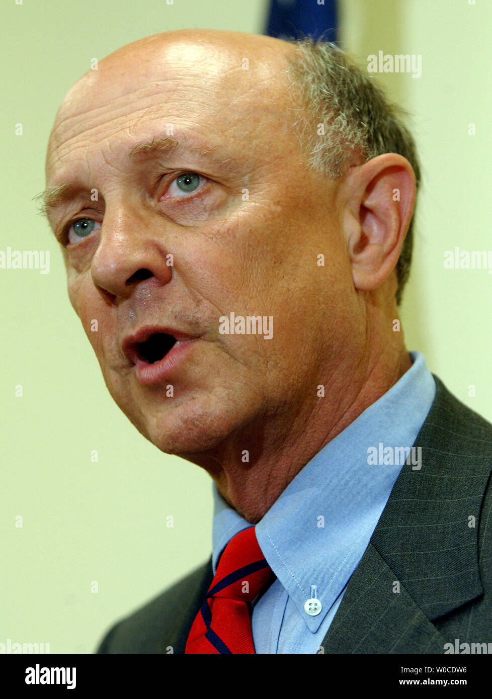 Former Director of Central Intellilgence R. James Woolsey discusses the new Committee on the Present Danger during a news conference on July 20, 2004, on Capitol Hill in Washington. Woolsey, the chairman of the committee, said the cold war-era concept has been revived to help advocate strong policies against the war on terrorism.   (UPI Photo/Roger L. Wollenberg) Stock Photo