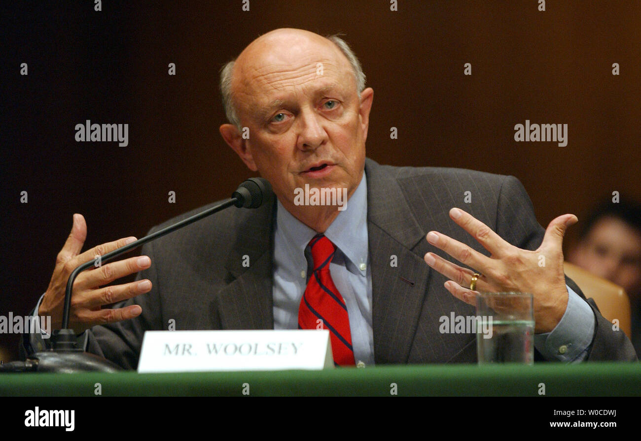 Former Director of Central Intelligence R. James Woolsey testifies before a Senate Select Committee on Intelligence hearing about possible reforms in the intelligence community on July 20, 2004, on Capitol Hill.   (UPI Photo/Roger L. Wollenberg) Stock Photo