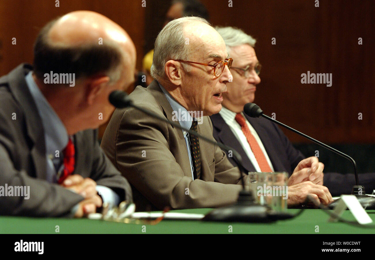 R. James Woolsey, former director of Central Intelligence, William Odom, former director, National Security Agency and John Hamre, president/CEO, Center for Strategic and International Studies, left to righ, appear before a Senate Select Committee on Intelligence hearing about possible reforms in the intelligence community on July 20, 2004, on Capitol Hill.   (UPI Photo/Roger L. Wollenberg) Stock Photo