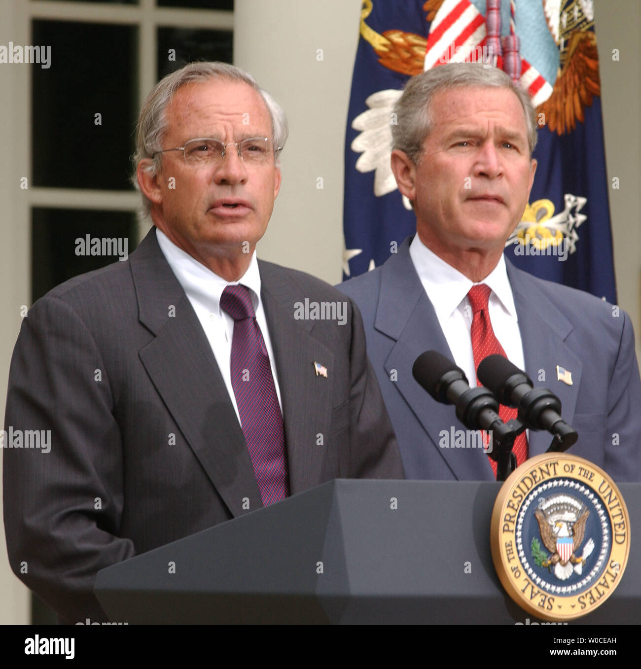 Rep. Porter Goss, R-FL, speaks to members of the press after President George W. Bush announced that he will be his nominee as the new head of the CIA, on August 10, 2004 in Washington. Goss is a former member of the CIA and sits on the House of Representatives Intelligence Committee. (UPI Photo/Michael Kleinfeld) Stock Photo