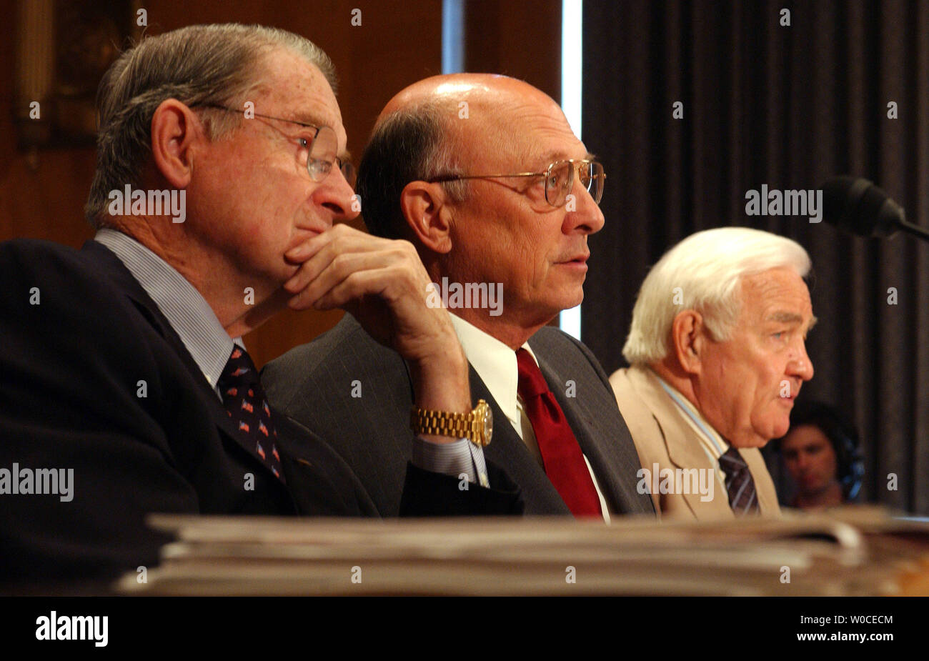 Former Directors of Central Intelligence William Webster, James Woolsey and Stansfield Turner, left to right, testify before the Senate Governmental Affairs committee about the prospects of creating a National Director of Intelligence on Aug. 16, 2004, on Capitol Hill in Washington.    (UPI Photo/Roger L. Wollenberg) Stock Photo