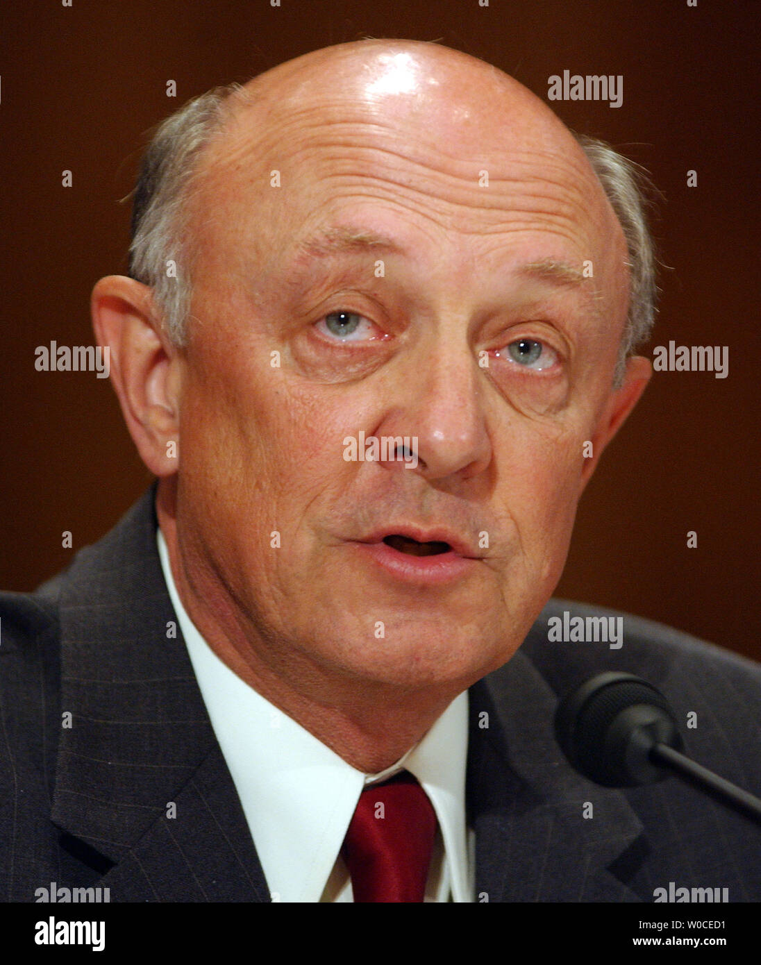 Former Director of Central Intelligence James Woolsey testifies before the Senate Governmental Affairs committee about the prospects of creating a National Director of Intelligence on Aug. 16, 2004, on Capitol Hill in Washington.    (UPI Photo/Roger L. Wollenberg) Stock Photo
