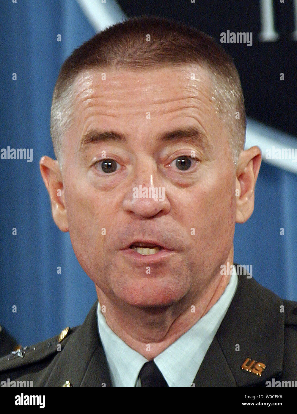 Maj. Gen. George Fay answers questions from reporters about abuse at the Abu Ghraib prison in Iraq during a news conference at the Pentagon on Aug. 25, 2004, in Arlington, Va. The Defense Department investigation found that less than 50 individuals were to blame for the abuses, but that officers above them in the chain of command made errors that led to the conditions that resulted in the abuses.  (UPI Photo/Roger L. Wollenberg) Stock Photo