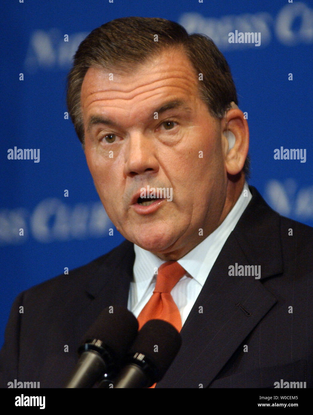 Secretary of Homeland Security Tom Ridge speaks to a luncheon at the National Press Club in Washington on Sept. 7, 2004. Ridge admitted there is still more work to be done, but insisted the U.S. was making progress in making the country safer, more secure, and more capable of responding to a terrorist attack or natural disaster.   (UPI Photo/Roger L. Wollenberg) Stock Photo
