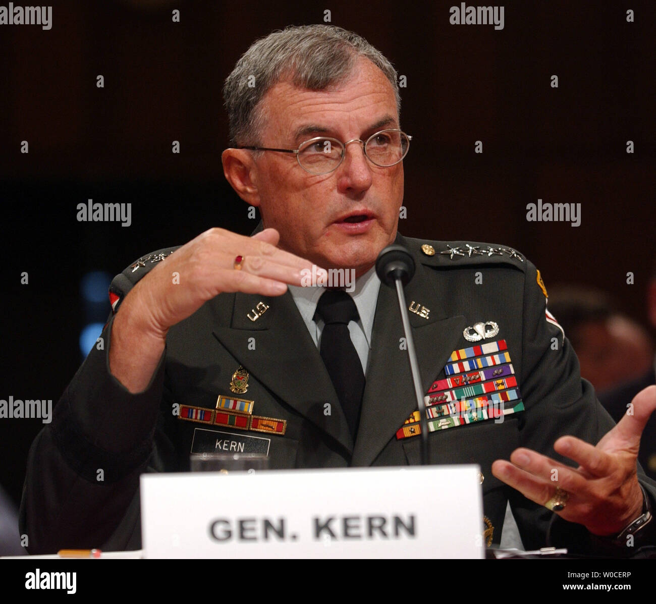 Gen. Paul Kern, testifies before the Senate Armed Service Committee regarding the abuses of the 205th Military Intelligence Brigade at Abu Ghraib Prison, Iraq.  He said that mistakes were made because of a shortage of soldiers and general chaos. (UPI Photo/Michael Kleinfeld) Stock Photo