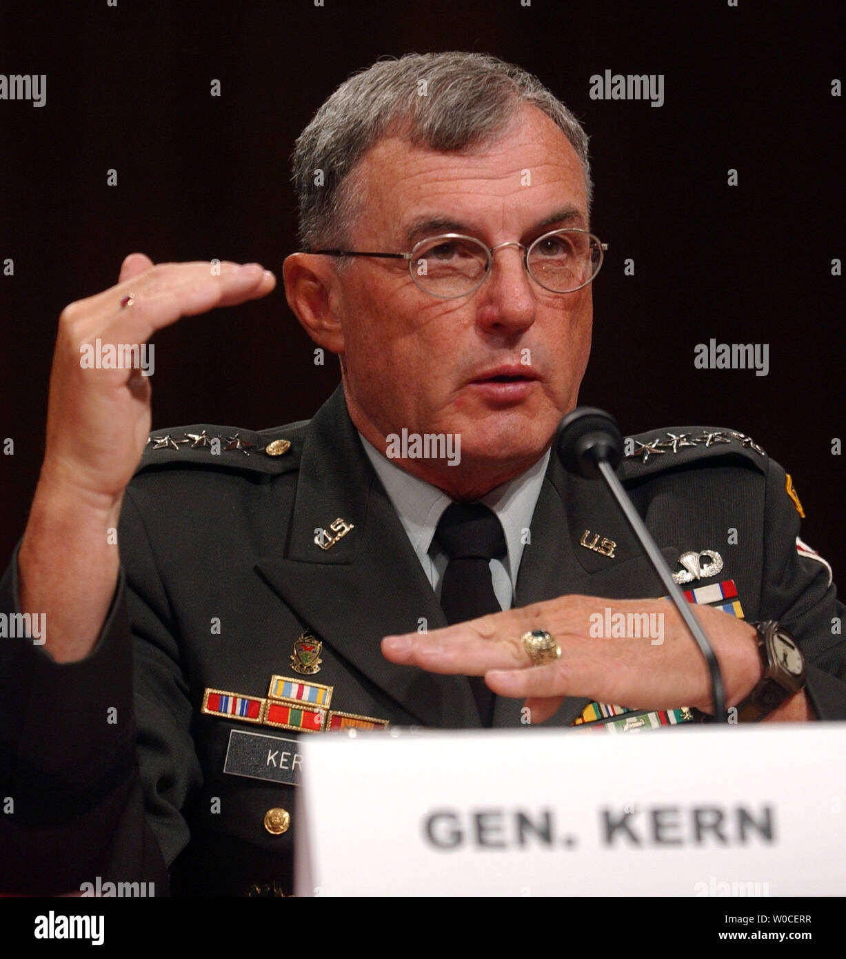 Gen. Paul Kern, testifies before the Senate Armed Service Committee regarding the abuses of the 205th Military Intelligence Brigade at Abu Ghraib Prison, Iraq.  He said that mistakes were made because of a shortage of soldiers and general chaos. (UPI Photo/Michael Kleinfeld) Stock Photo