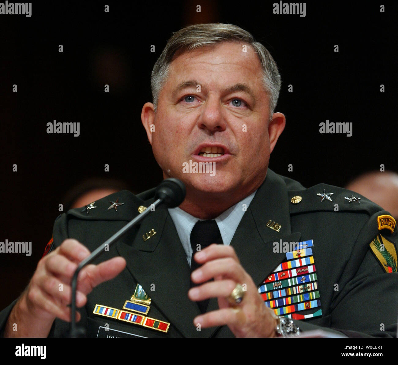 Maj. Gen. Steven Whitcomb testifies before the Senate Armed Service Committee regarding the abuses of the 205th Military Intelligence Brigade at Abu Ghraib Prison, Iraq.  He said that mistakes were made because of a shortage of soldiers and general chaos.    (UPI Photo/Michael Kleinfeld) Stock Photo