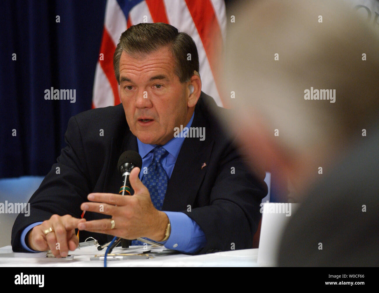 Secretary of Homeland Security Tom Ridge speaks during a meeting of the Homeland Security Advisory Committee (HSAC) at the Coast Guard Headquarters in Washington on Sept. 22, 2004. HSAC, a group of public and private officials, meets regulary to discuss security issues and make recommendations.   (UPI Photo/Roger L. Wollenberg) Stock Photo