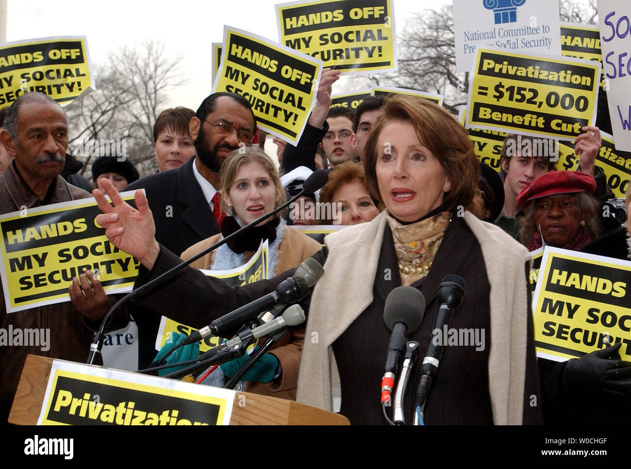 Nancy Pelosi, House Minority Leader, speaks to those gathered at an event to explain the negative effects of privatizing Social Security, on February 3, 2005 in Washington.  Pelosi said the plan proposed by the President in his State of the Union last night benefited the rich and was only the most recent attempt to kill Social Security. (UPI Photo/Michael Kleinfeld) Stock Photo