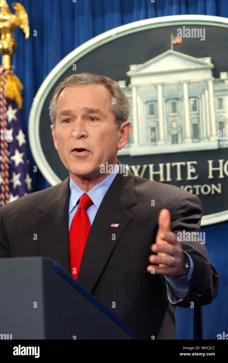 U.S. President George W. Bush speaks to reporters during a news conference in the Brady Press Briefing Room of the White House on March 16, 2005. Bush discussed a wide range of subjects, including social security and Iraq, and announced Deputy Defense Secretary Paul Wolfowitz as his nominee to head the World Bank.   (UPI Photo/Roger L. Wollenberg) Stock Photo