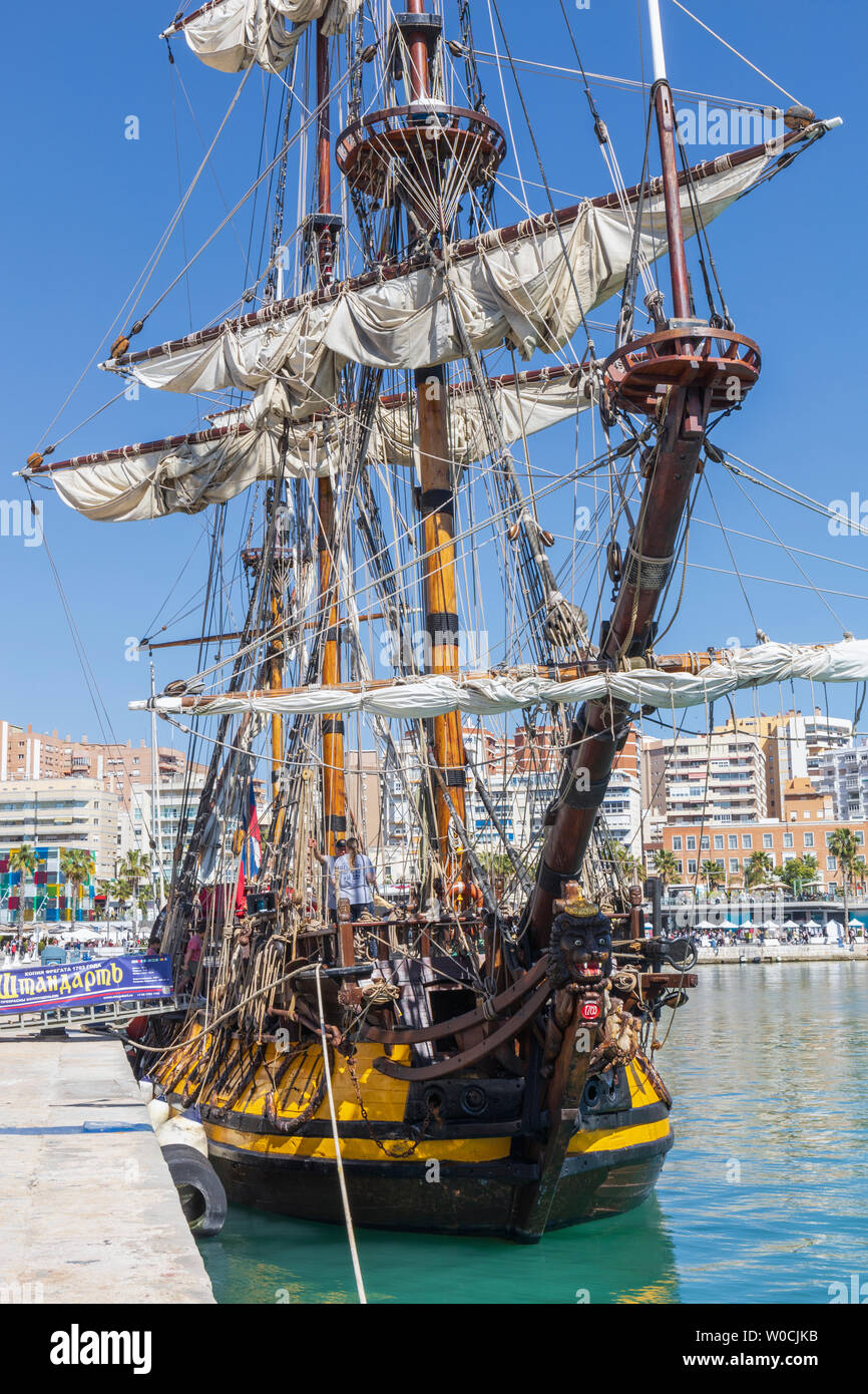 Replica built in 1999 of the Russian frigate Shtandart originally built in 1703.  Seen here moored in Malaga, Spain. Stock Photo