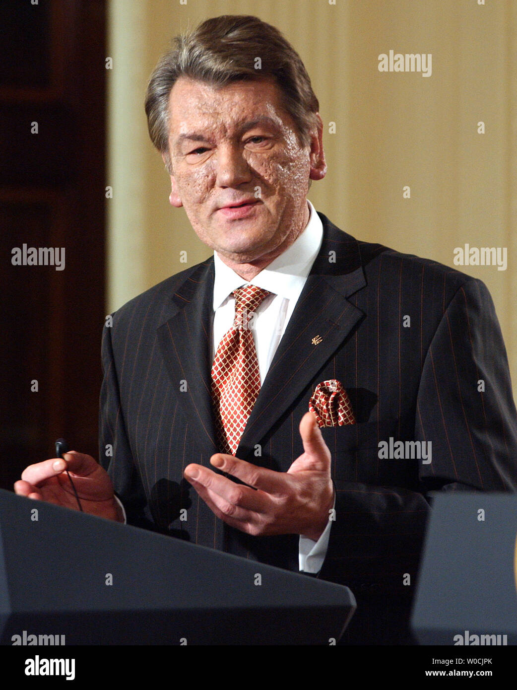 Ukrainian President Viktor Yushchenko speaks to the press during a media event with U.S. President George W. Bush in the East Room of the White House on April 4, 2005.   (UPI Photo/Roger L. Wollenberg) Stock Photo