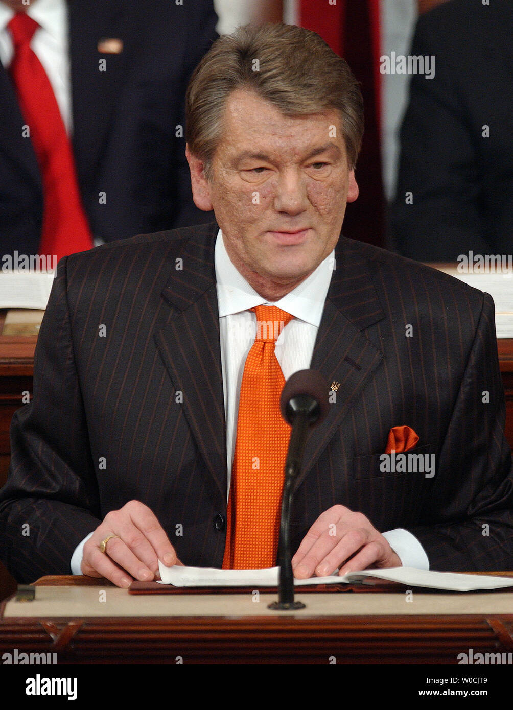 Ukrainian President Viktor Yushchenko speaks to a Joint Session of Congress in the Capitol in Washington on April 6, 2006.    (UPI Photo/Roger L. Wollenberg) Stock Photo