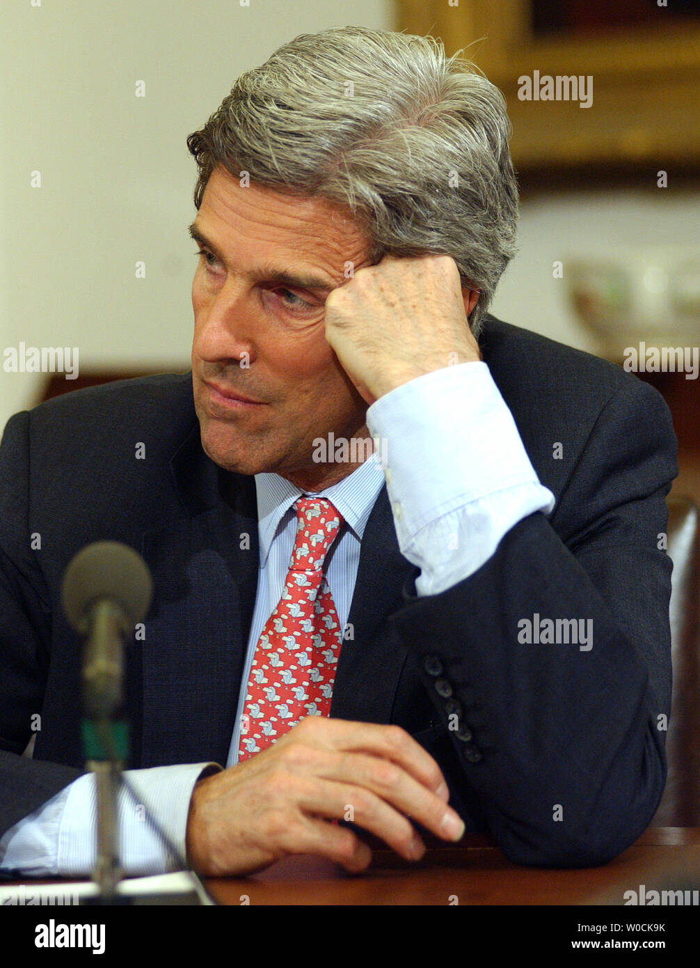 Sen. John Kerry, D-Mass., participates in the Senate Foreign Relations Committee meeting which was held to vote on John Bolton to be U.S. Ambassador to the United Nations on Capitol Hill in Washington on April 19, 2005. The committee voted to delay the vote after Sens. Chuck Hagel, R-Neb. and Sen. George Voinovich, R-Ohio, expressed concern allegations against him.   (UPI Photo/Roger L. Wollenberg) Stock Photo