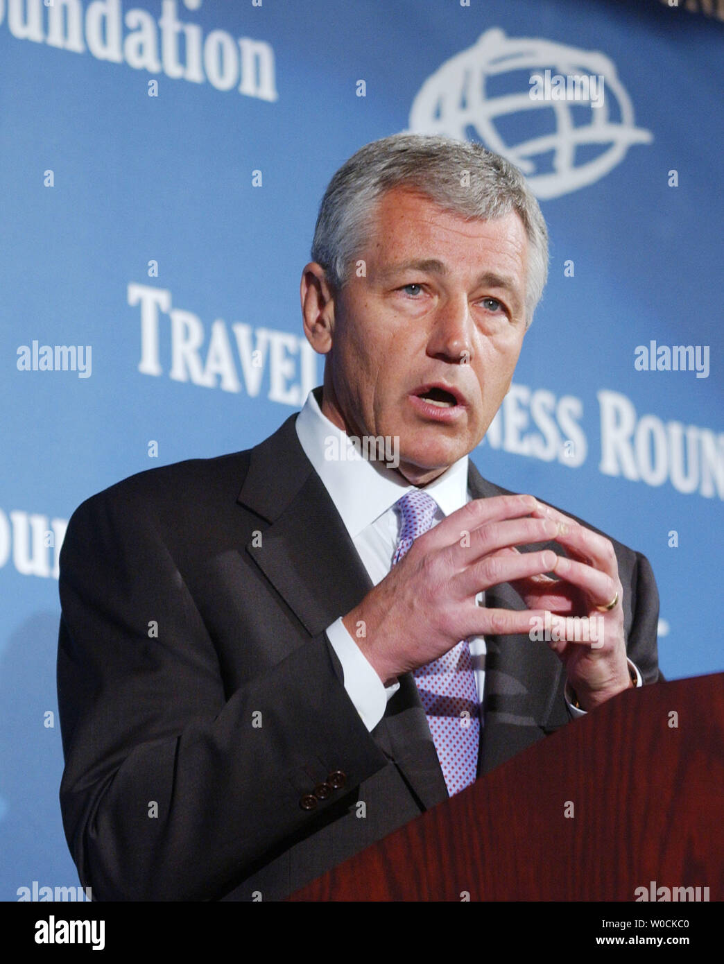 Sen. Chuck Hagel, R-Neb, speaks to those gathered at the U.S. Chamber of Commerce for its 3rd Annual Travel and Tourism Summit, 'Redefining America at Home and Abroad' on April 20, 2005 in Washington.  Hagel called for further investigation into President Bush's nominee for U.N. ambassador John Bolton at yesterdays Senate hearing.  (UPI Photo/Michael Kleinfeld) Stock Photo